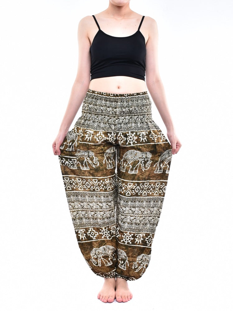 Bohotusk Olive Green Amboseli Elephant Trousers with elasticated smocked waist, showcasing a lightweight and breathable design.