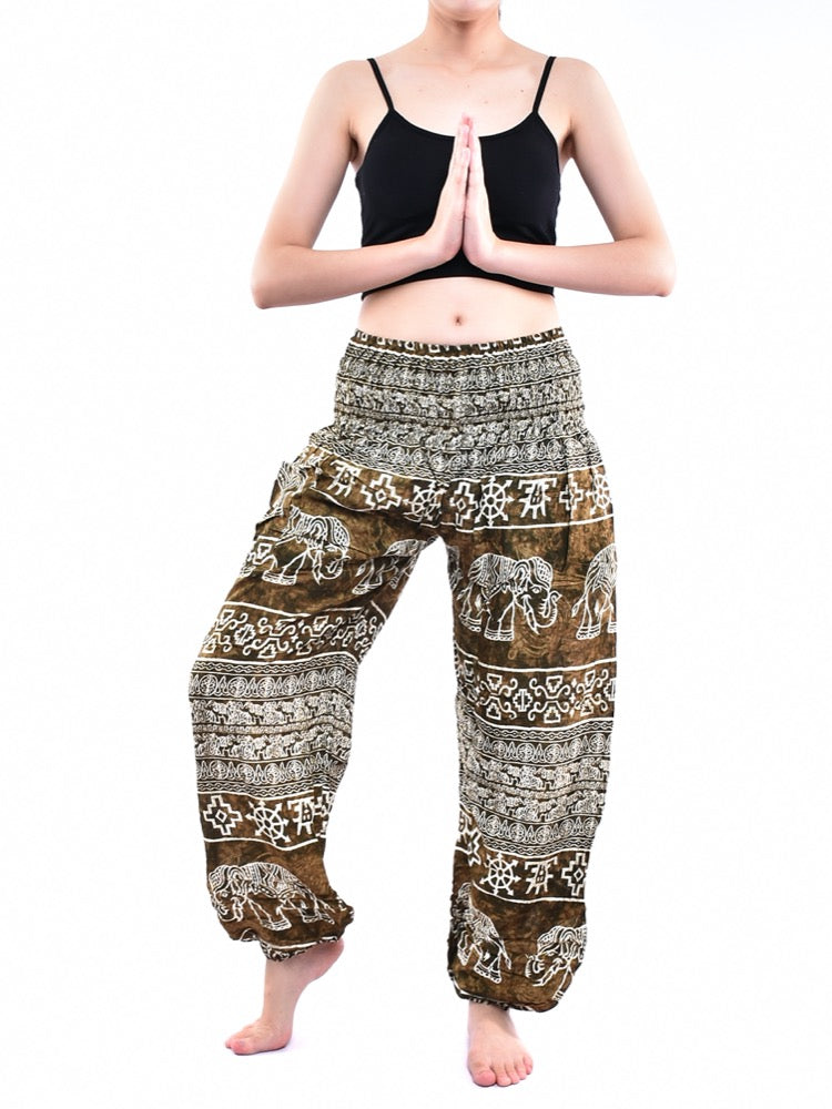 Bohotusk Olive Green Amboseli Elephant Trousers with elasticated smocked waist, showcasing a lightweight and breathable design.