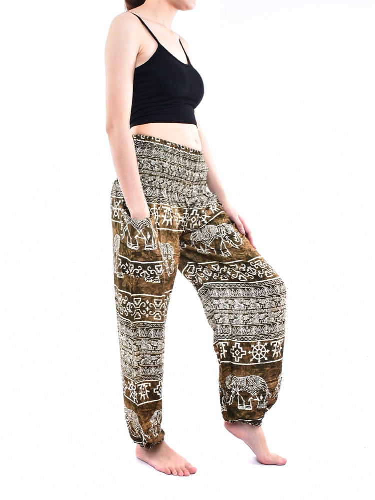 Bohotusk Olive Green Amboseli Elephant Trousers with elasticated smocked waist, showcasing a lightweight and breathable design.