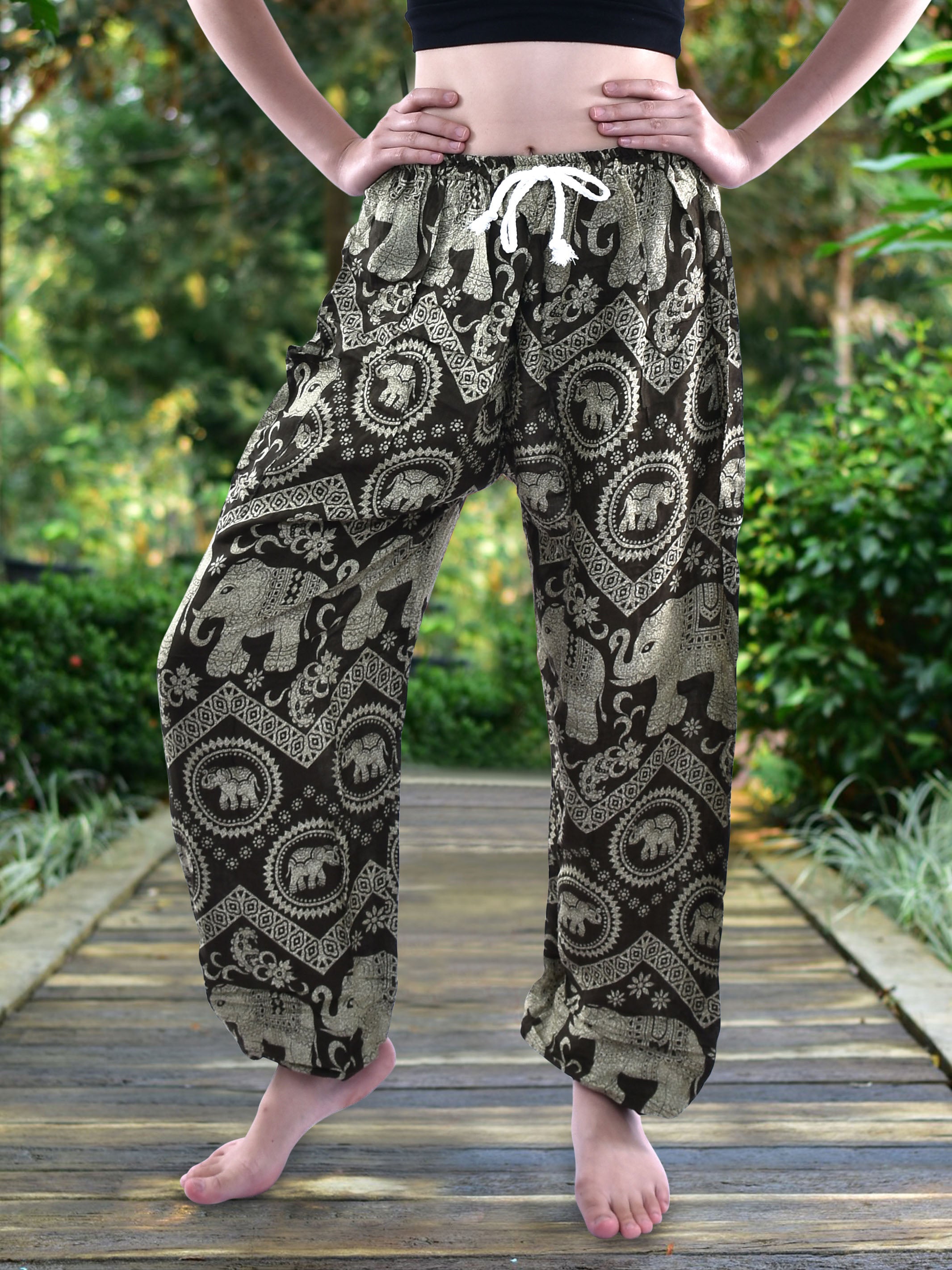 Bohotusk Olive Green Women's Harem Pants featuring Elephant Tusker Print, showcasing a comfortable design with an elasticated waist and ankles.