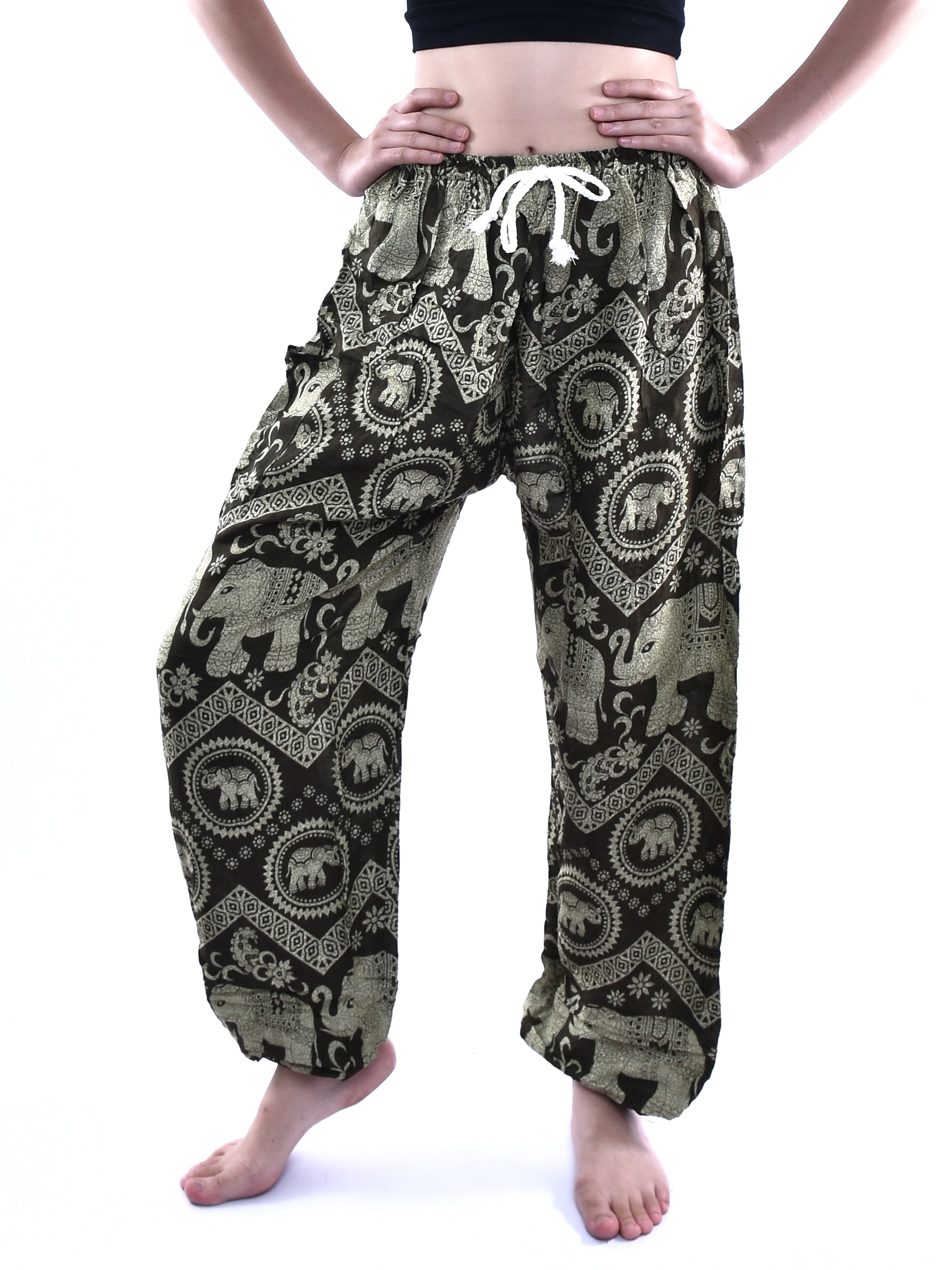Bohotusk Olive Green Women's Harem Pants featuring Elephant Tusker Print, showcasing a comfortable design with an elasticated waist and ankles.