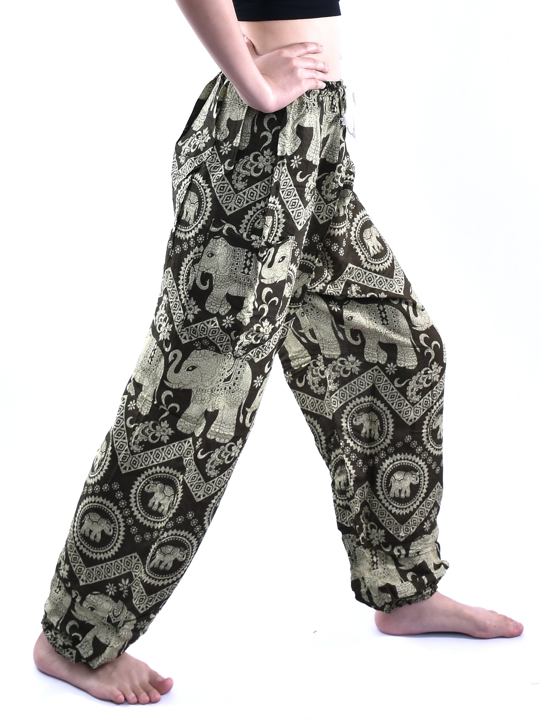 Bohotusk Olive Green Women's Harem Pants featuring Elephant Tusker Print, showcasing a comfortable design with an elasticated waist and ankles.