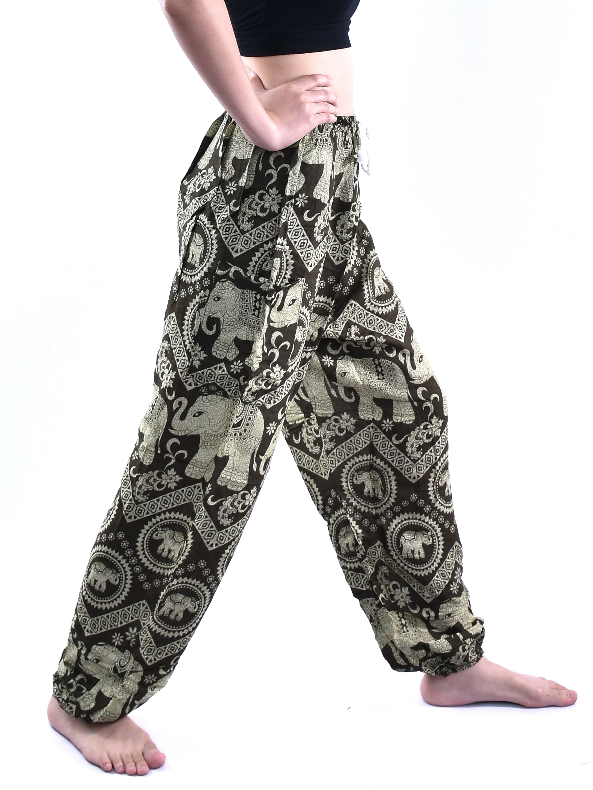 Bohotusk Olive Green Women's Harem Pants featuring Elephant Tusker Print, showcasing a comfortable design with an elasticated waist and ankles.
