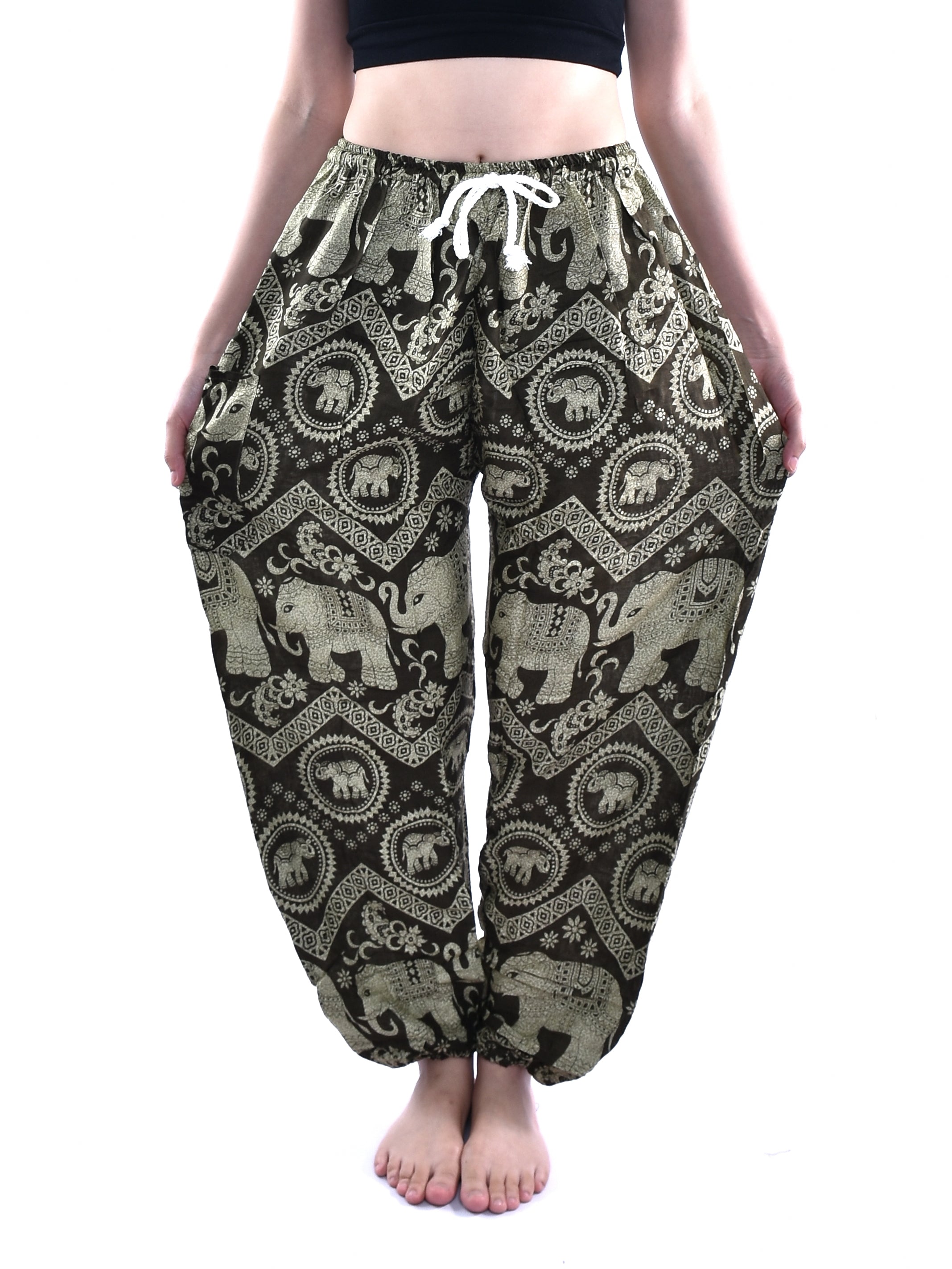 Bohotusk Olive Green Women's Harem Pants featuring Elephant Tusker Print, showcasing a comfortable design with an elasticated waist and ankles.