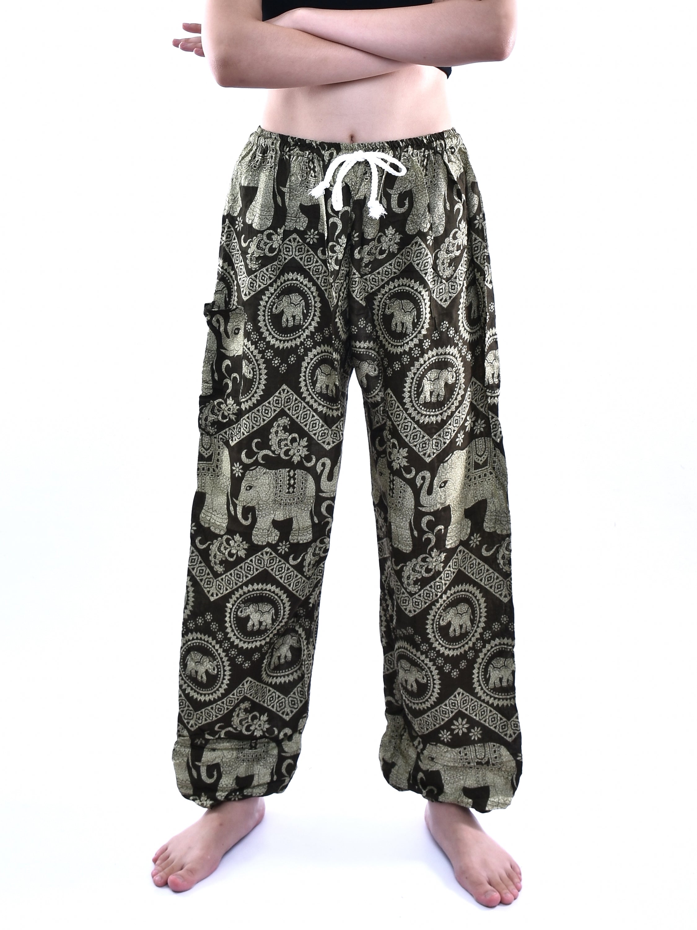 Bohotusk Olive Green Women's Harem Pants featuring Elephant Tusker Print, showcasing a comfortable design with an elasticated waist and ankles.