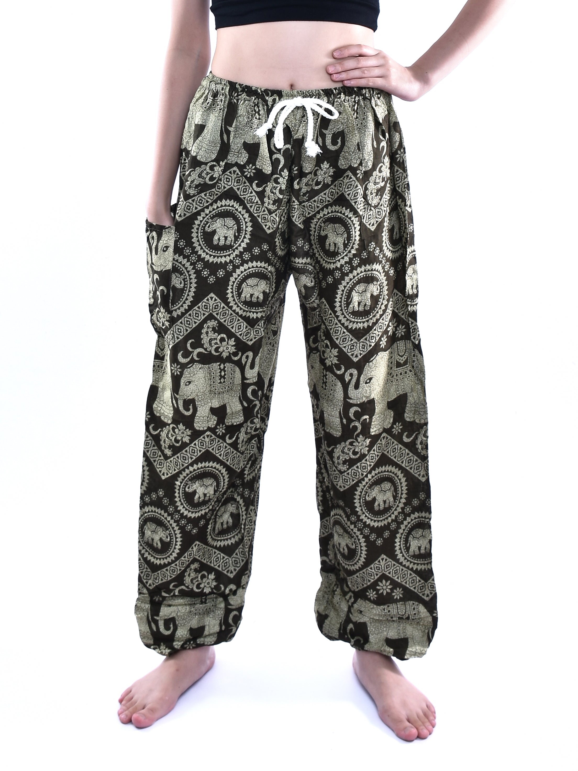 Bohotusk Olive Green Women's Harem Pants featuring Elephant Tusker Print, showcasing a comfortable design with an elasticated waist and ankles.