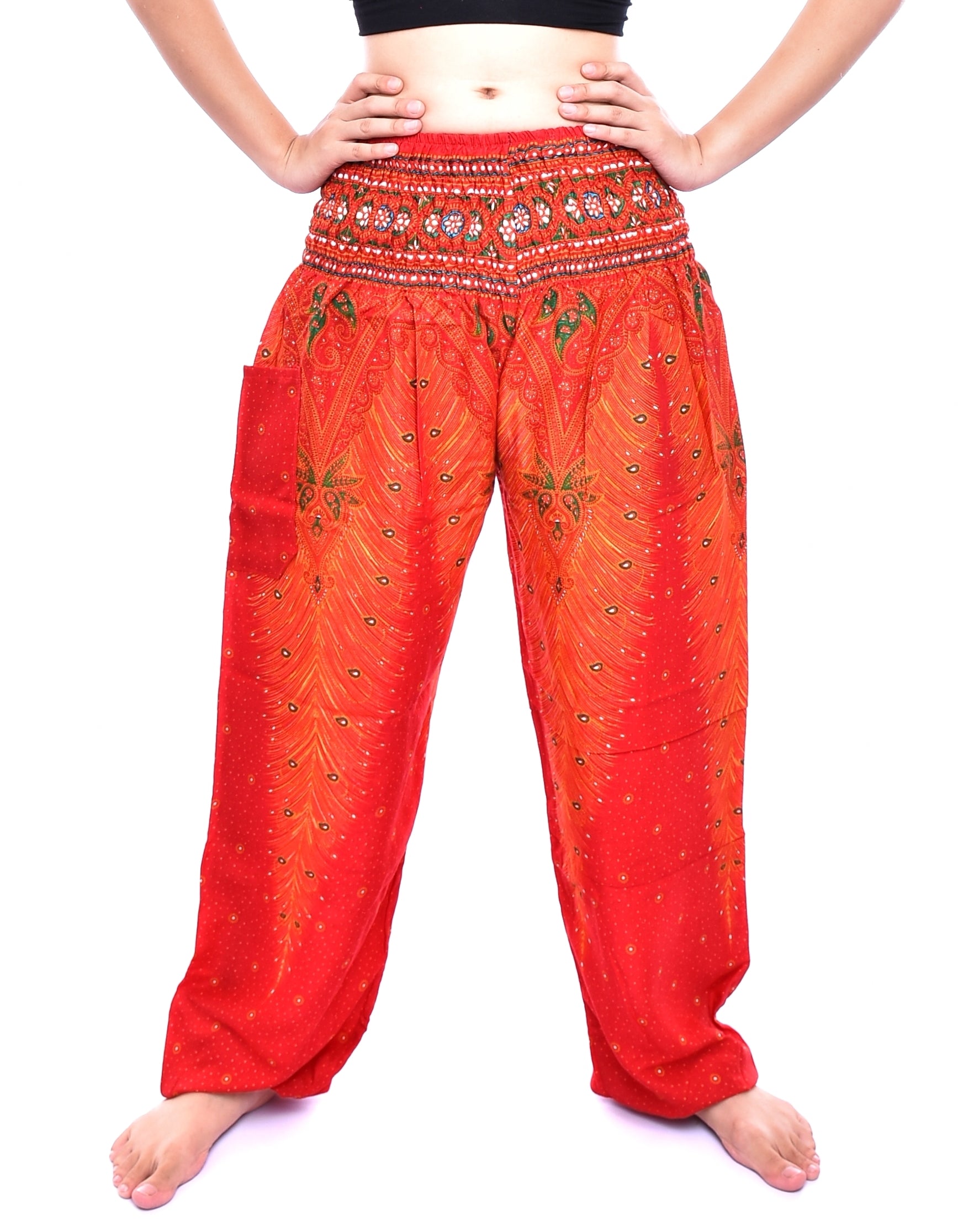 Bohotusk Orange Peacock Print Women's Harem Pants with elasticated waist and ankles, showcasing vibrant colors and a stylish design.