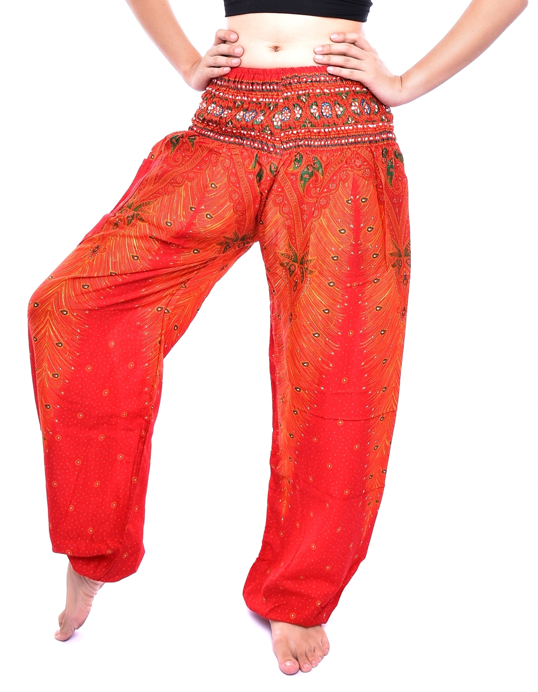 Bohotusk Orange Peacock Print Women's Harem Pants with elasticated waist and ankles, showcasing vibrant colors and a stylish design.