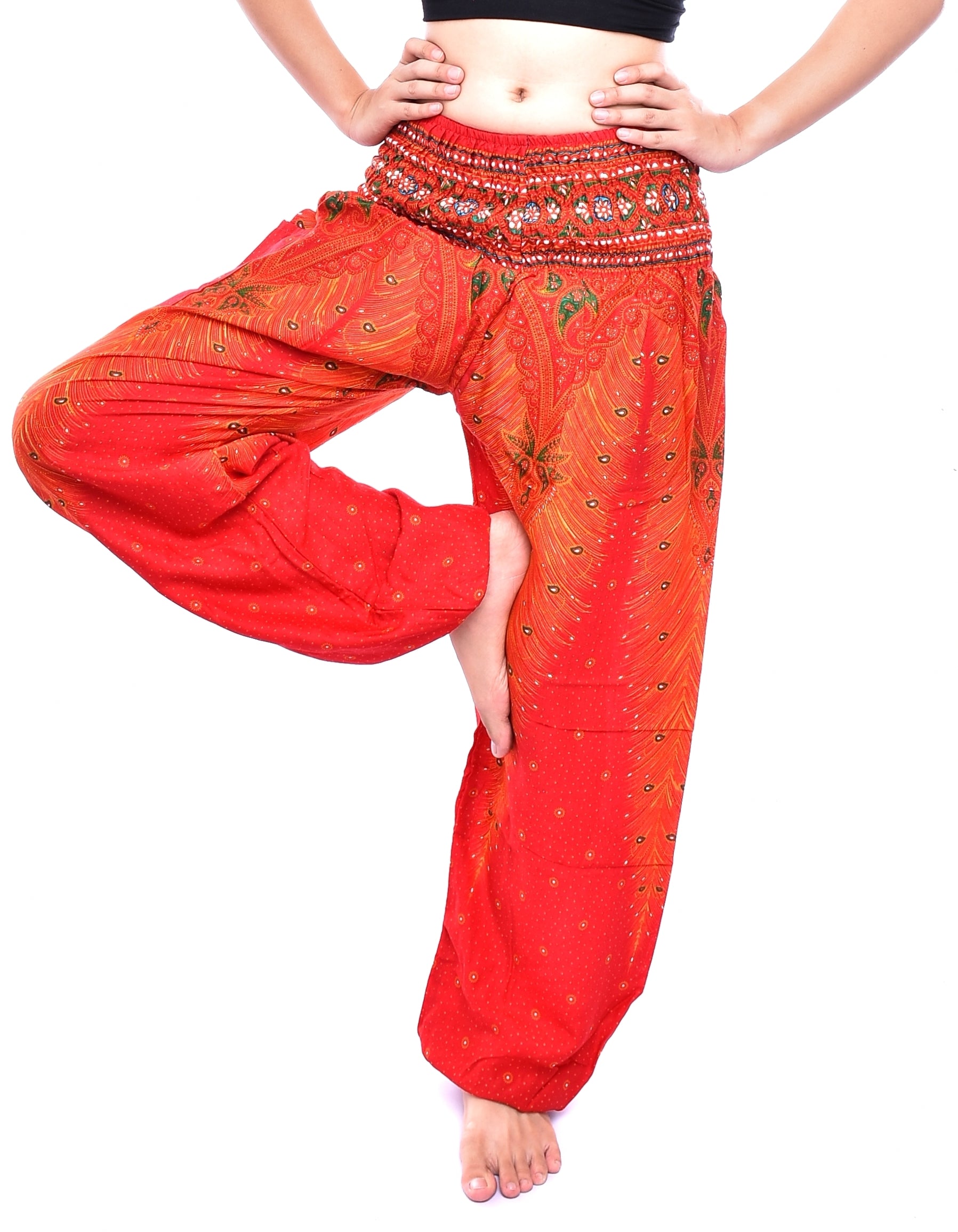 Bohotusk Orange Peacock Print Women's Harem Pants with elasticated waist and ankles, showcasing vibrant colors and a stylish design.