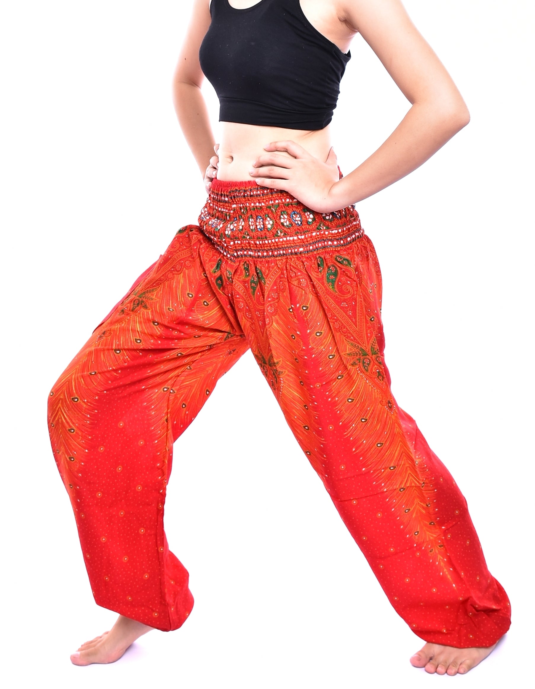 Bohotusk Orange Peacock Print Women's Harem Pants with elasticated waist and ankles, showcasing vibrant colors and a stylish design.