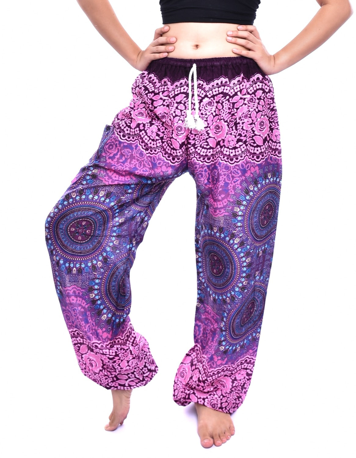 Bohotusk Pink Sun Beam Print Women's Harem Pants featuring a vibrant design, elasticated waist, and comfortable fit.
