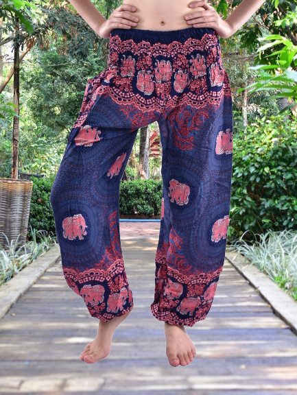 Bohotusk Purple Elephant Genie Print trousers featuring an elasticated smocked waist, made from lightweight 100% Thai Rayon, perfect for casual wear.