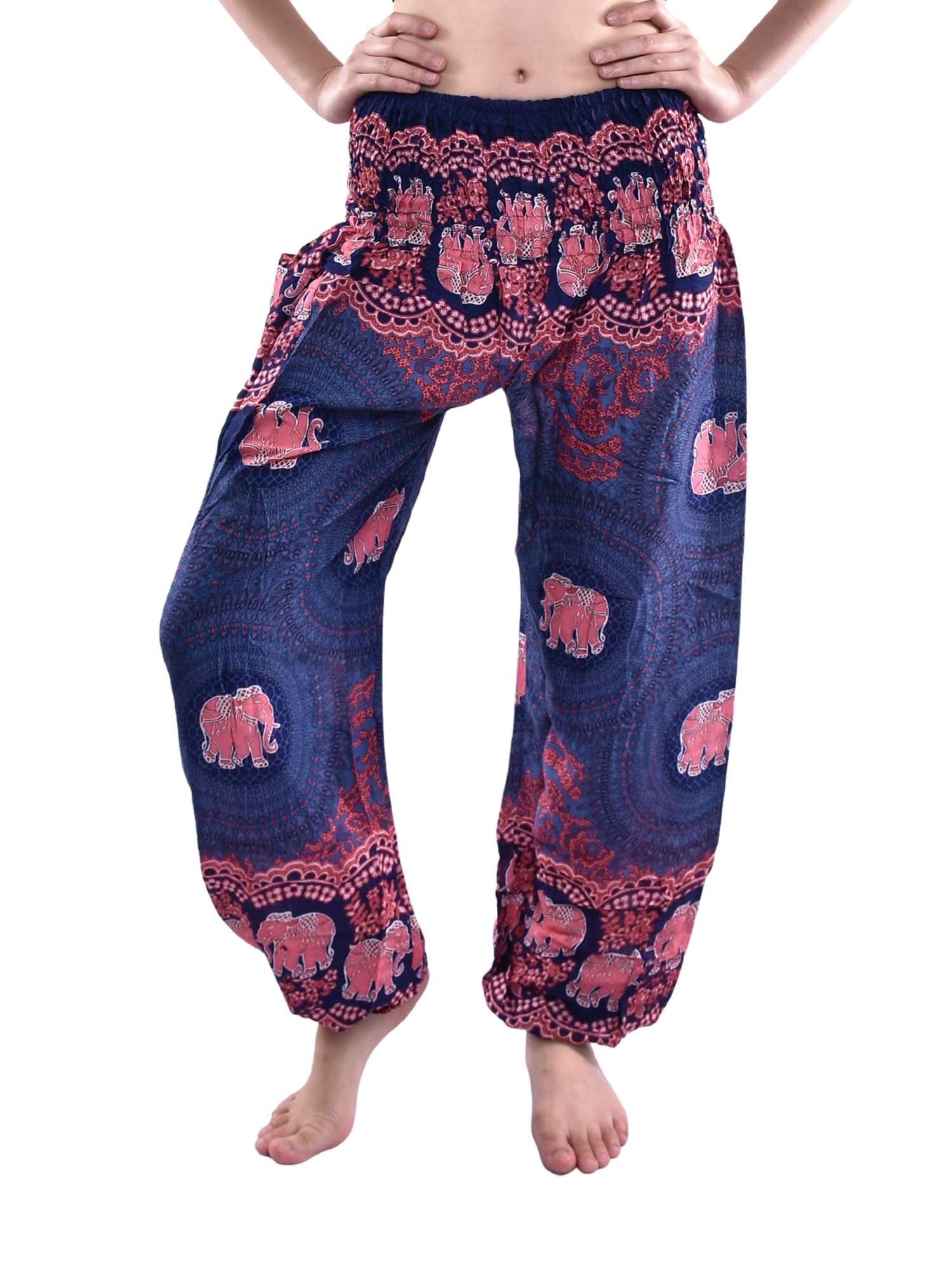 Bohotusk Purple Elephant Genie Print trousers featuring an elasticated smocked waist, made from lightweight 100% Thai Rayon, perfect for casual wear.
