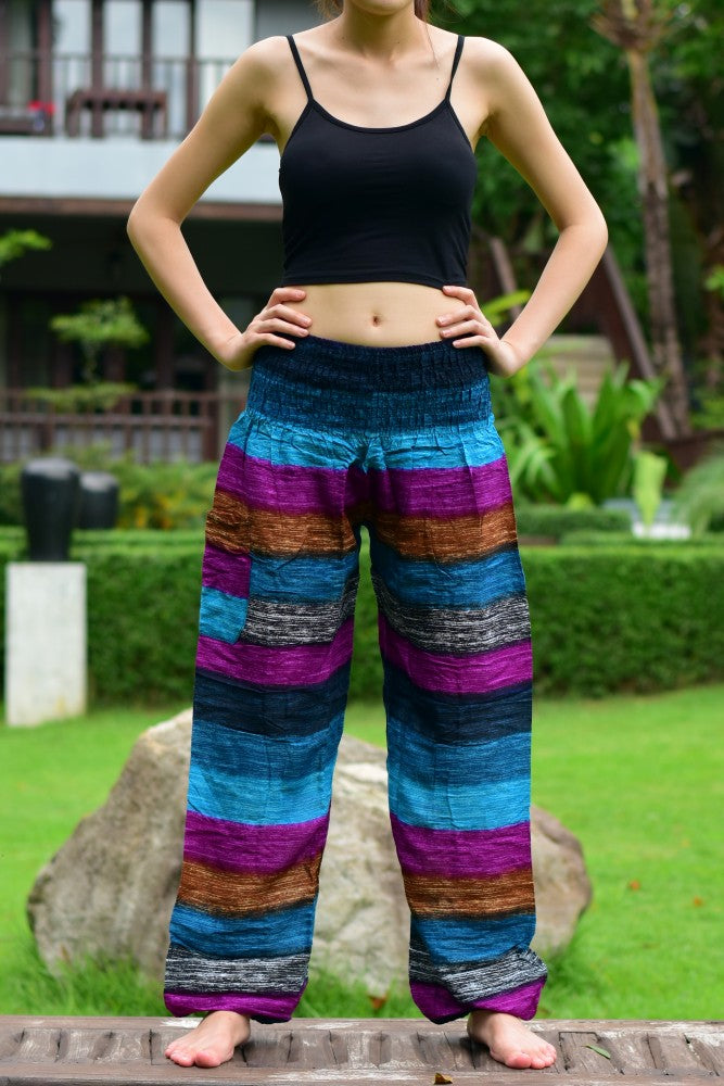 Bohotusk Purple Multi Stripe Print Elasticated Smocked Waist Women's Trousers, showcasing vibrant colors and a comfortable design.