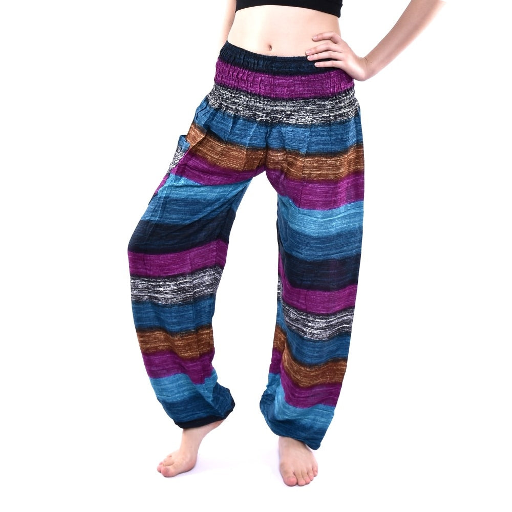 Bohotusk Purple Multi Stripe Print Elasticated Smocked Waist Women's Trousers, showcasing vibrant colors and a comfortable design.