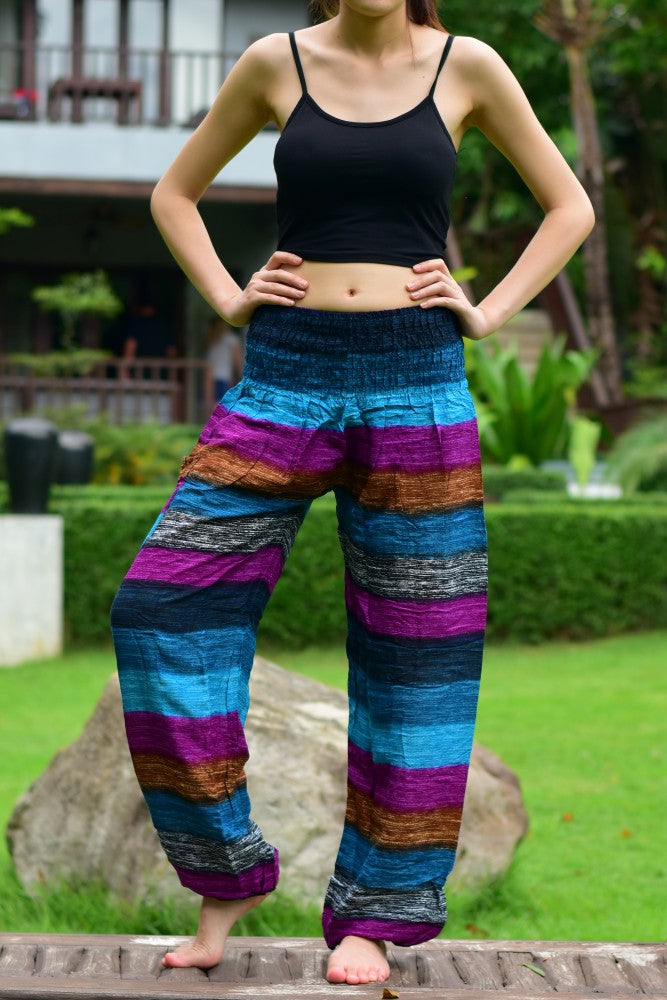 Bohotusk Purple Multi Stripe Print Elasticated Smocked Waist Women's Trousers, showcasing vibrant colors and a comfortable design.