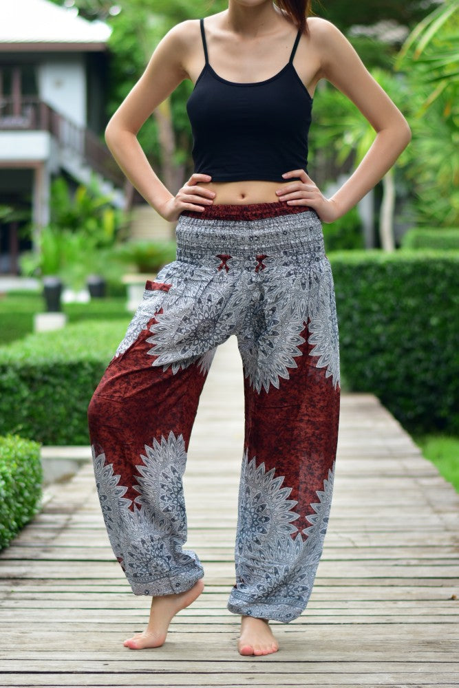 Bohotusk Purple Snowflake Print Women's Harem Pants featuring an elasticated smocked waist and vibrant colors, perfect for casual and active wear.