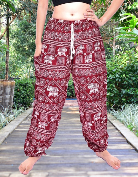 Bohotusk Red Elephant Print Women's Harem Pants featuring a vibrant design, elasticated waist, and comfortable fit, perfect for various activities.