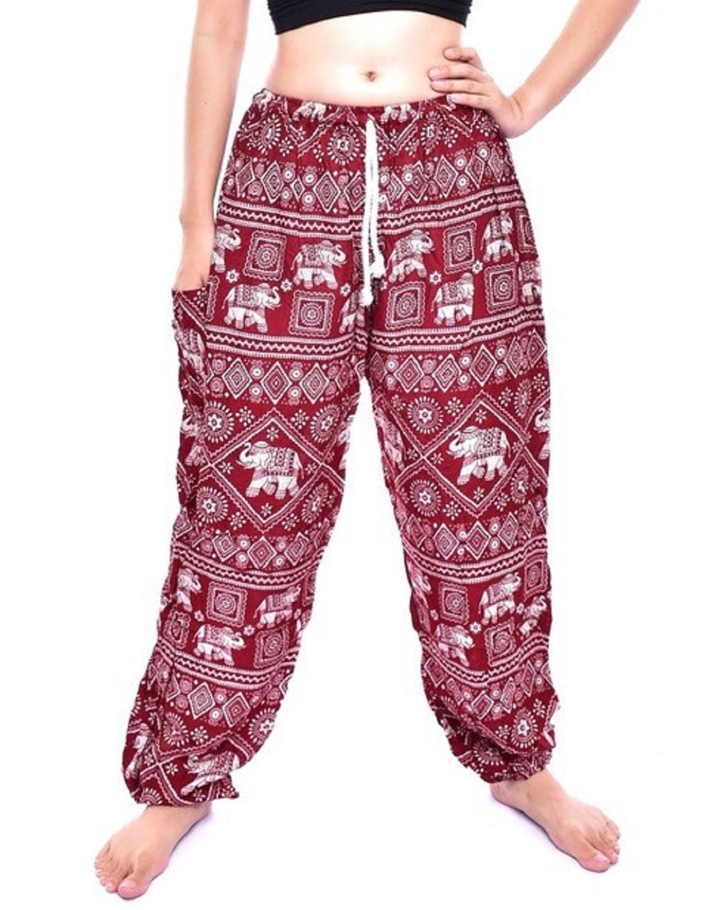 Bohotusk Red Elephant Print Women's Harem Pants featuring a vibrant design, elasticated waist, and comfortable fit, perfect for various activities.