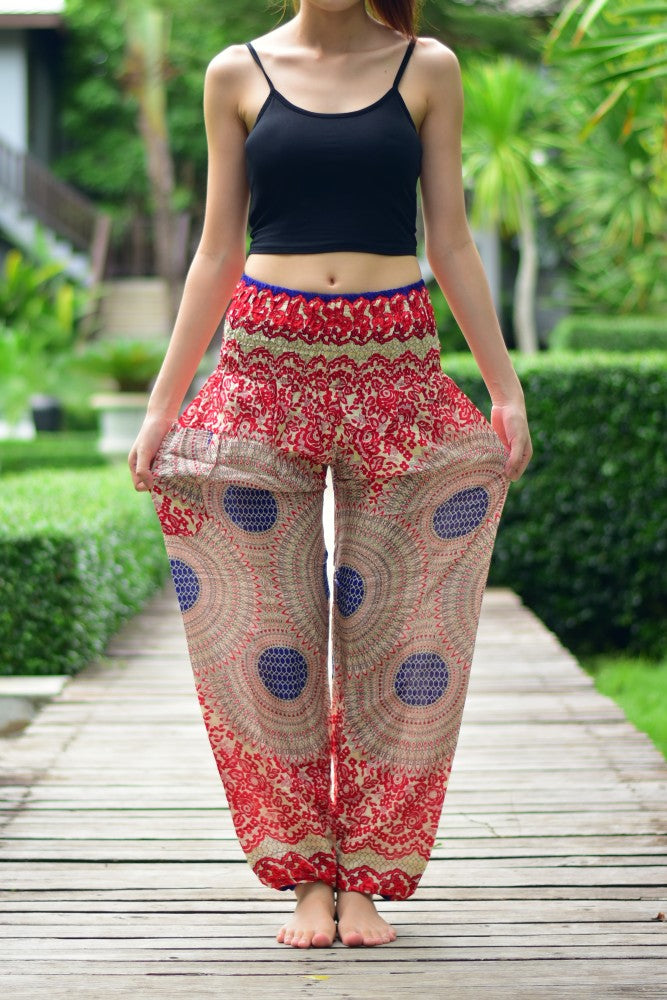 Bohotusk Red Garden Swirl Print Women's Harem Pants with elasticated smocked waist, showcasing vibrant colors and a comfortable fit.