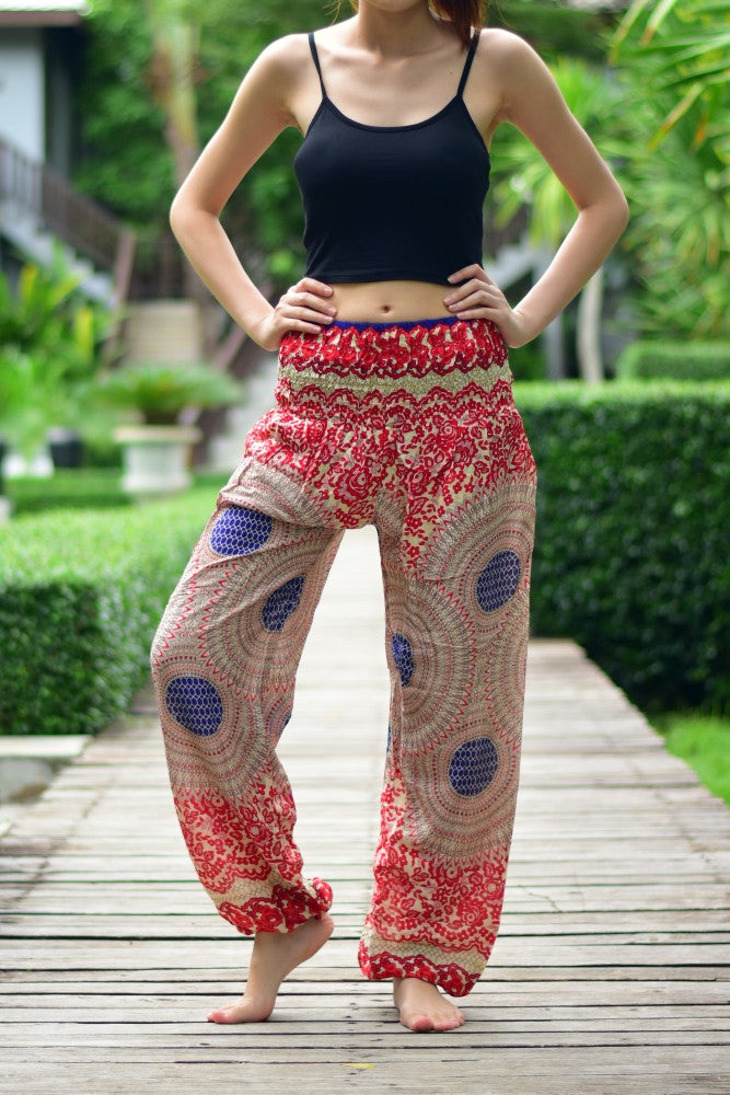 Bohotusk Red Garden Swirl Print Women's Harem Pants with elasticated smocked waist, showcasing vibrant colors and a comfortable fit.
