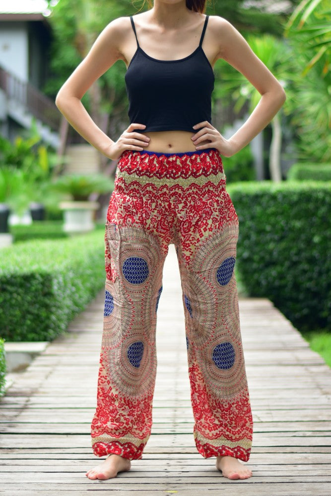 Bohotusk Red Garden Swirl Print Women's Harem Pants with elasticated smocked waist, showcasing vibrant colors and a comfortable fit.