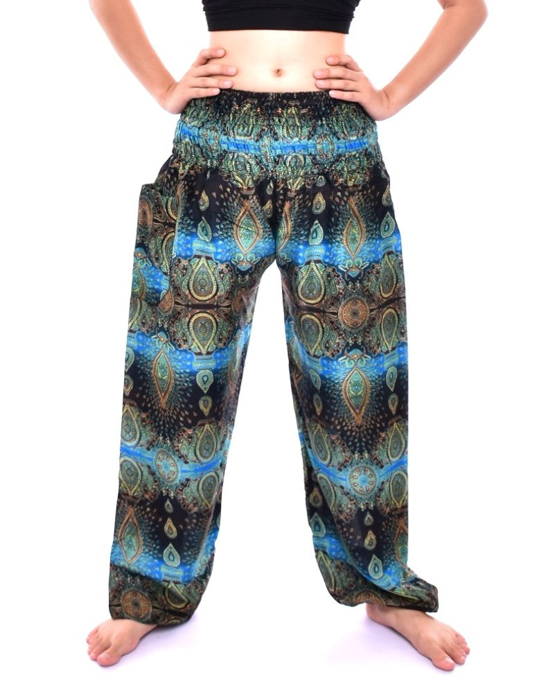 Bohotusk Sky Blue Teardrop Print Women's Trousers with elasticated smocked waist and ankle cuffs, showcasing a stylish design.