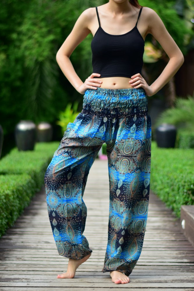 Bohotusk Sky Blue Teardrop Print Women's Trousers with elasticated smocked waist and ankle cuffs, showcasing a stylish design.