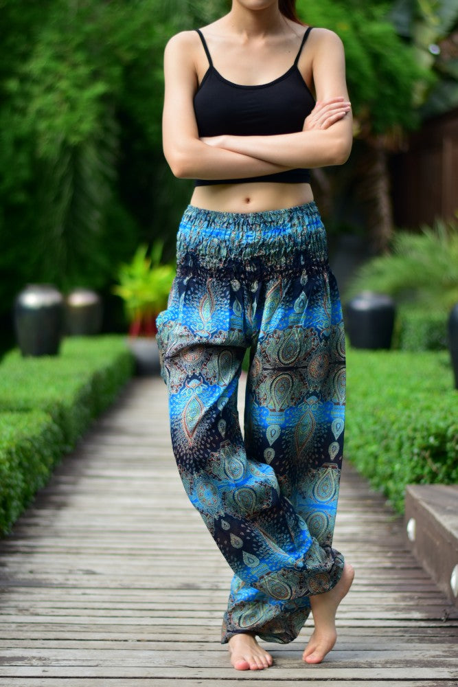 Bohotusk Sky Blue Teardrop Print Women's Trousers with elasticated smocked waist and ankle cuffs, showcasing a stylish design.