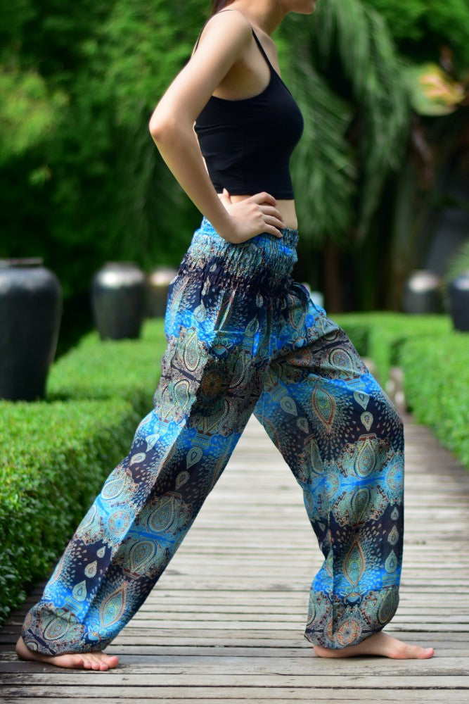 Bohotusk Sky Blue Teardrop Print Women's Trousers with elasticated smocked waist and ankle cuffs, showcasing a stylish design.