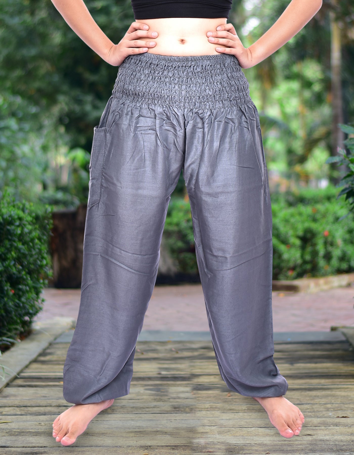 Bohotusk Steel Grey Women's Harem Pants with elasticated smocked waist and external pocket, showcasing a lightweight and breathable design.