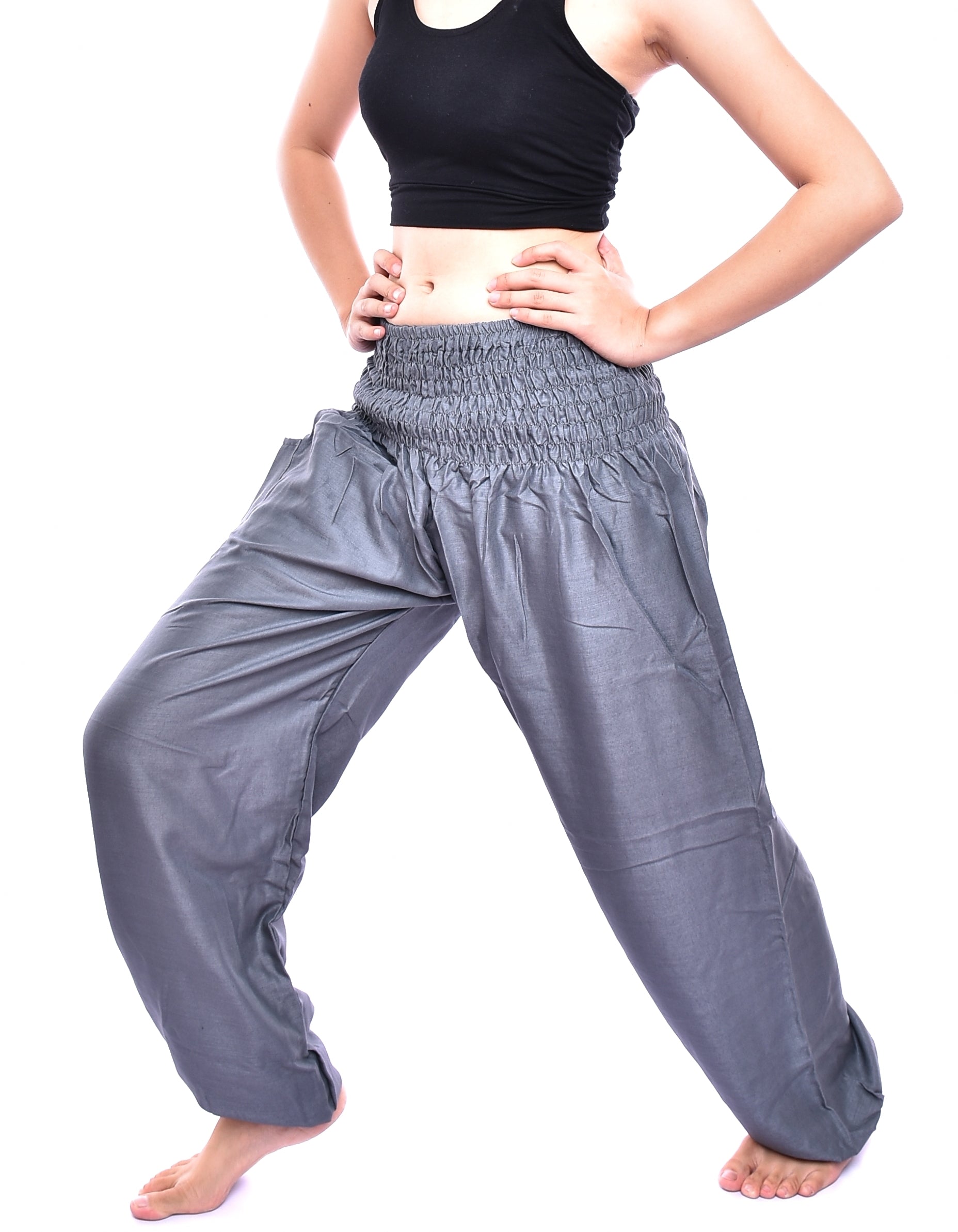 Bohotusk Steel Grey Women's Harem Pants with elasticated smocked waist and external pocket, showcasing a lightweight and breathable design.