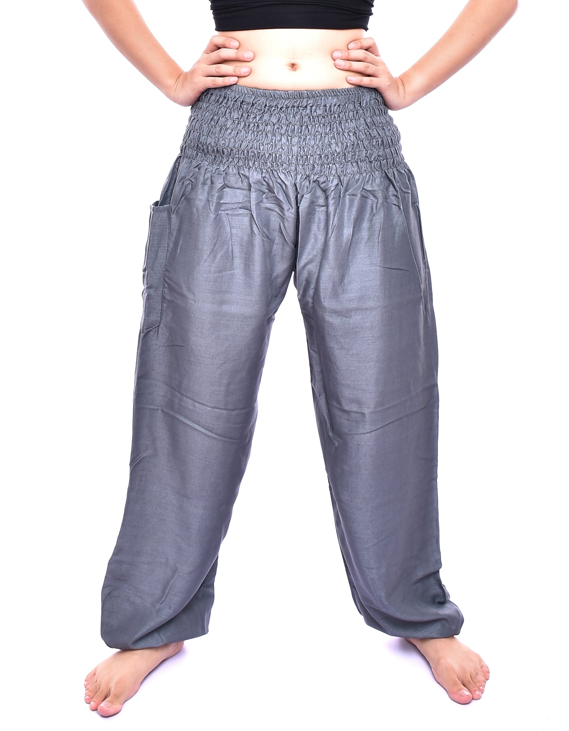 Bohotusk Steel Grey Women's Harem Pants with elasticated smocked waist and external pocket, showcasing a lightweight and breathable design.
