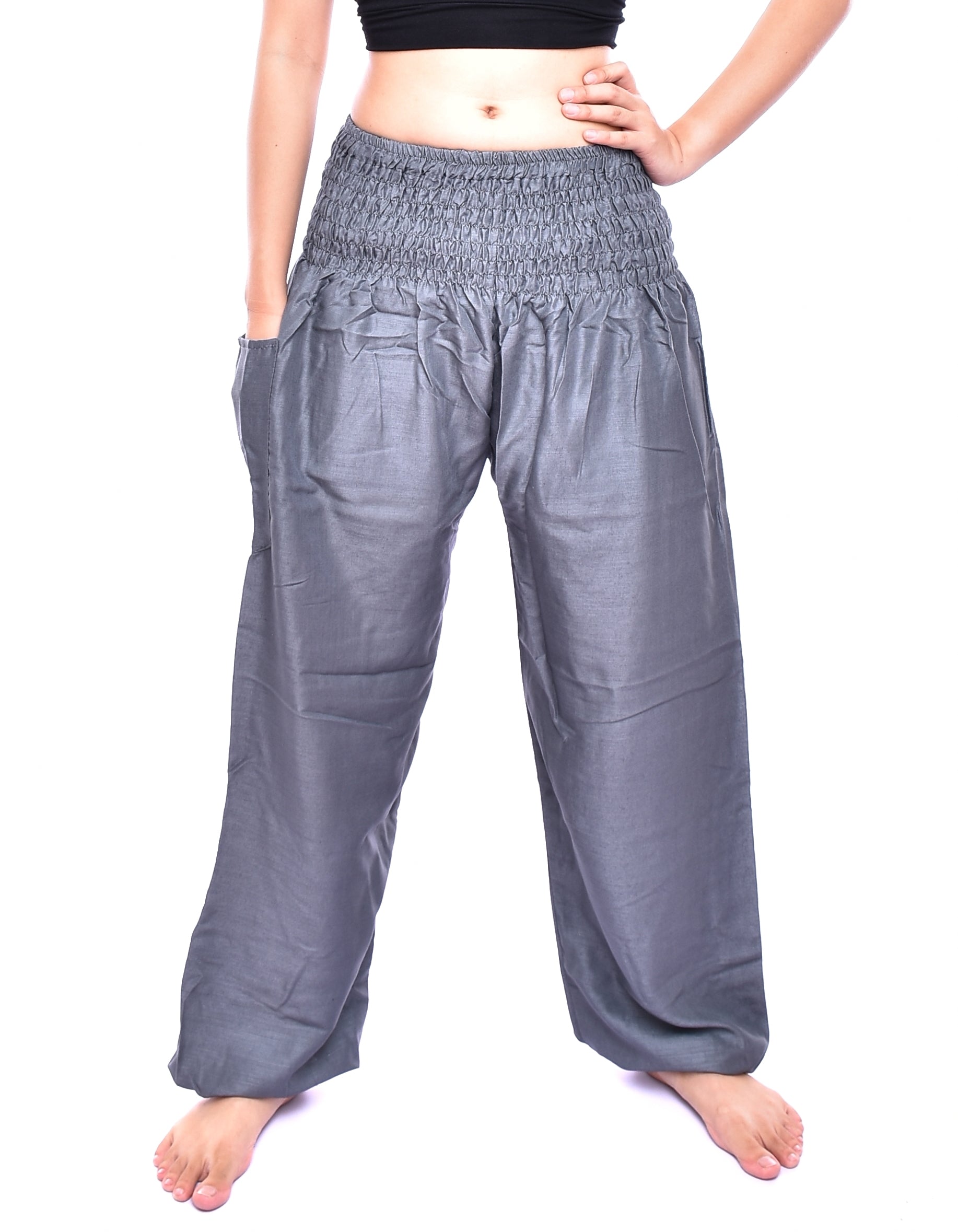Bohotusk Steel Grey Women's Harem Pants with elasticated smocked waist and external pocket, showcasing a lightweight and breathable design.
