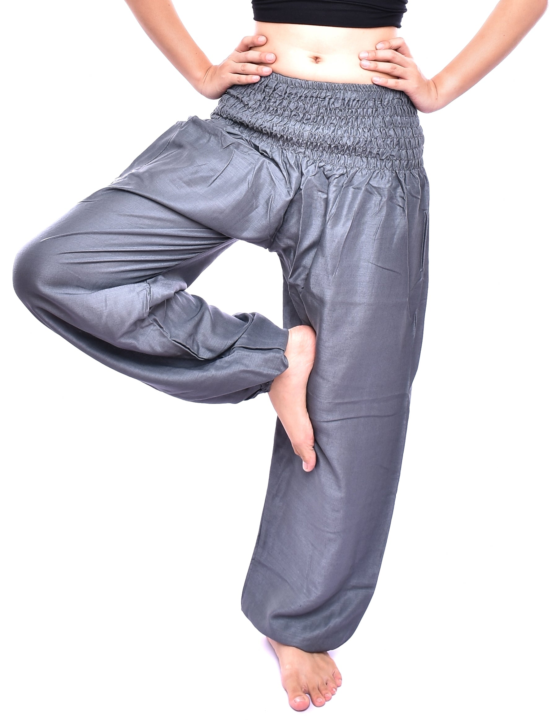 Bohotusk Steel Grey Women's Harem Pants with elasticated smocked waist and external pocket, showcasing a lightweight and breathable design.
