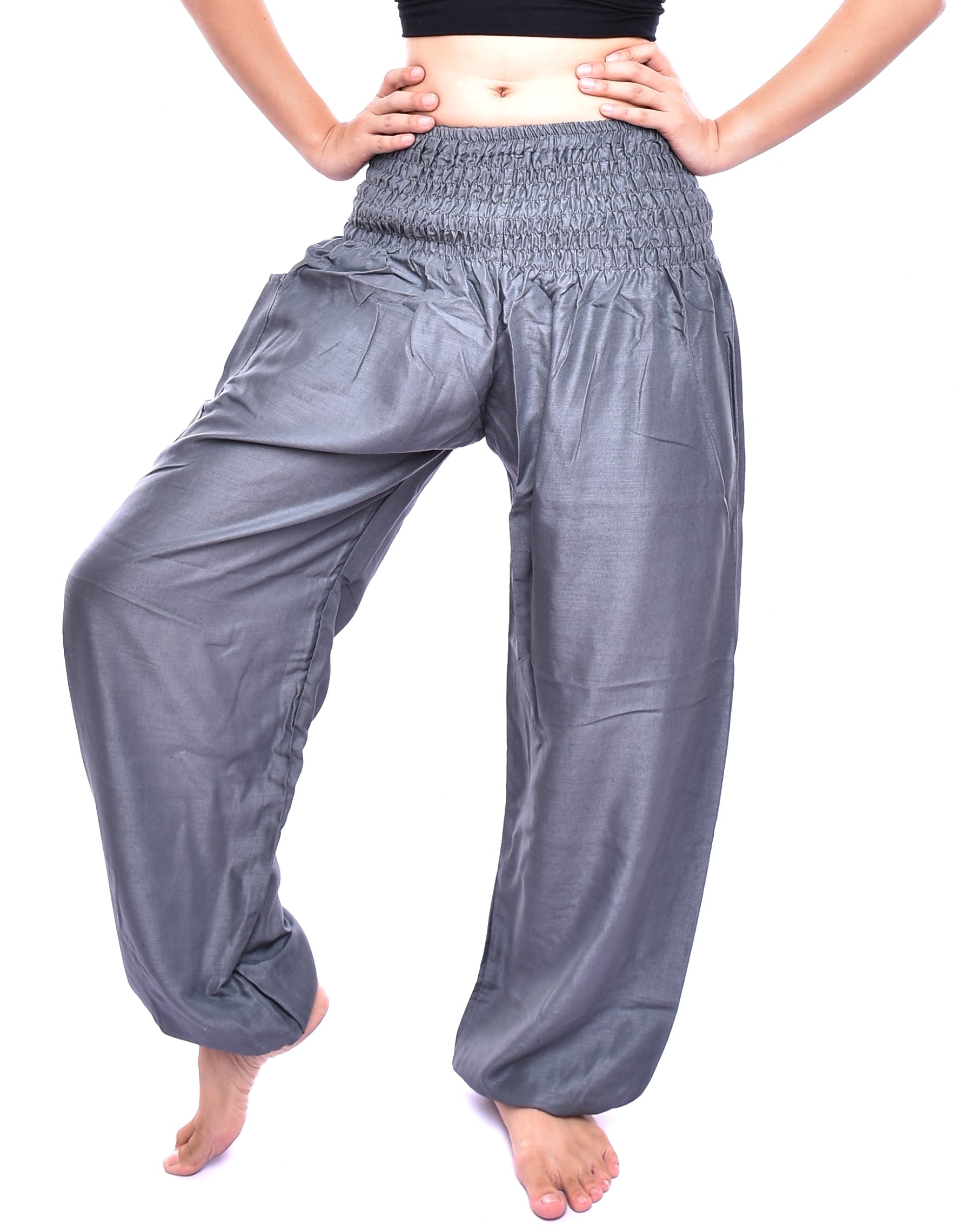 Bohotusk Steel Grey Women's Harem Pants with elasticated smocked waist and external pocket, showcasing a lightweight and breathable design.