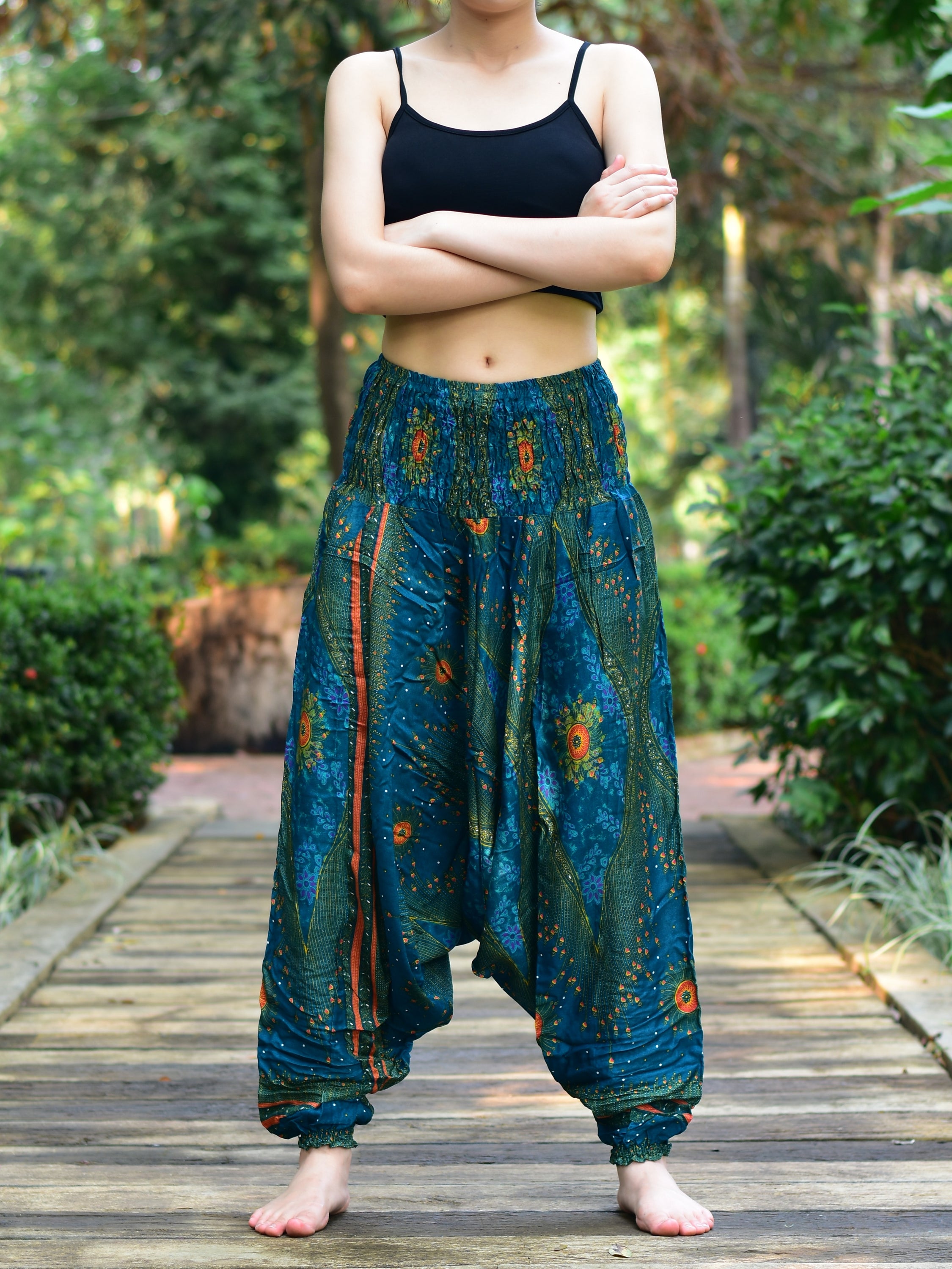 Bohotusk Teal Green Moonshine Low Crotch Harem Pants for women, showcasing the unique design and soft fabric.