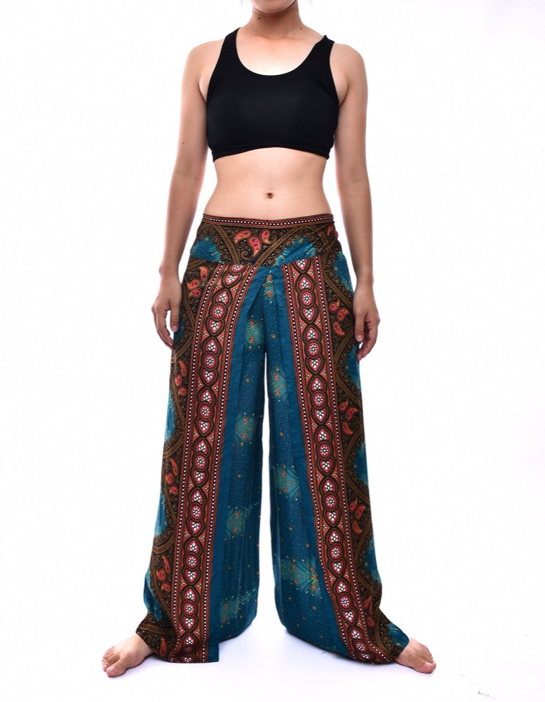 Bohotusk Teal Peacock Print Women's Palazzo Pants, featuring a vibrant peacock design and a stylish wrap-around leg style.