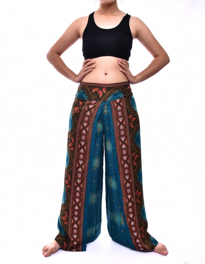 Bohotusk Teal Peacock Print Women's Palazzo Pants, featuring a vibrant peacock design and a stylish wrap-around leg style.