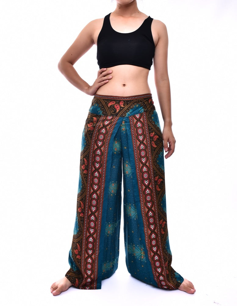 Bohotusk Teal Peacock Print Women's Palazzo Pants, featuring a vibrant peacock design and a stylish wrap-around leg style.
