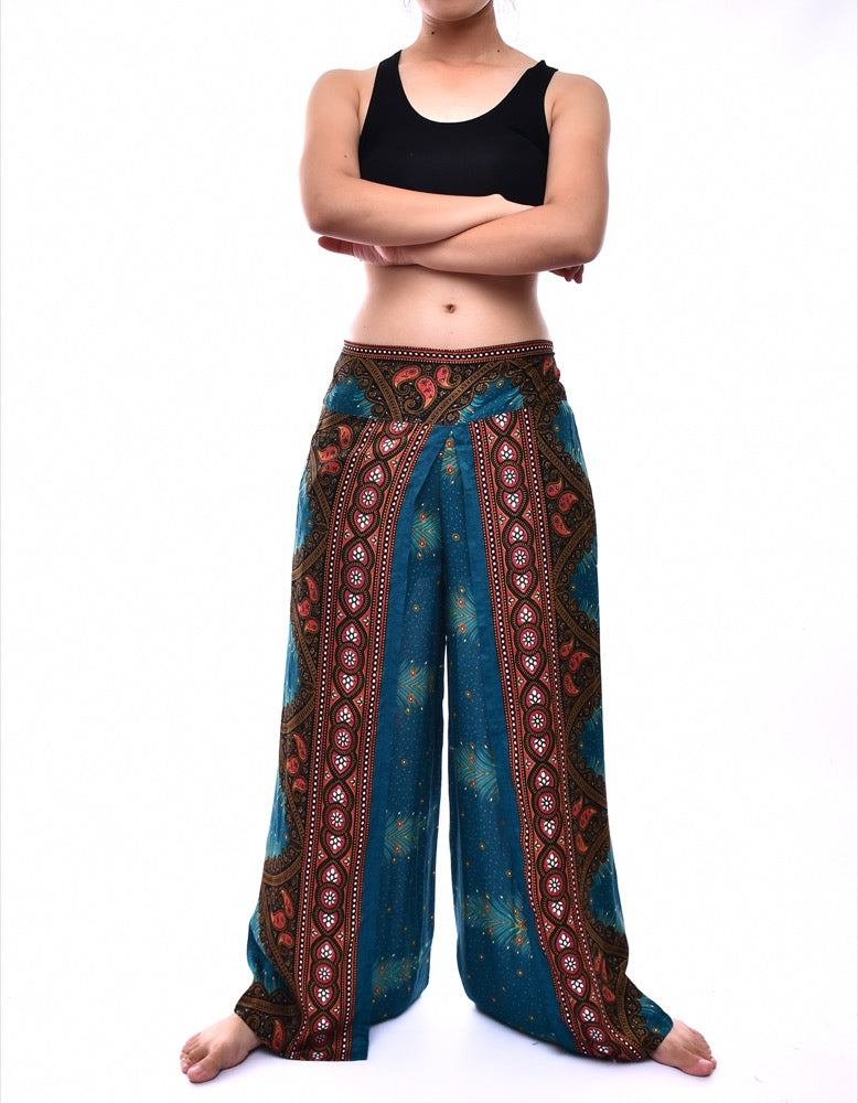 Bohotusk Teal Peacock Print Women's Palazzo Pants, featuring a vibrant peacock design and a stylish wrap-around leg style.