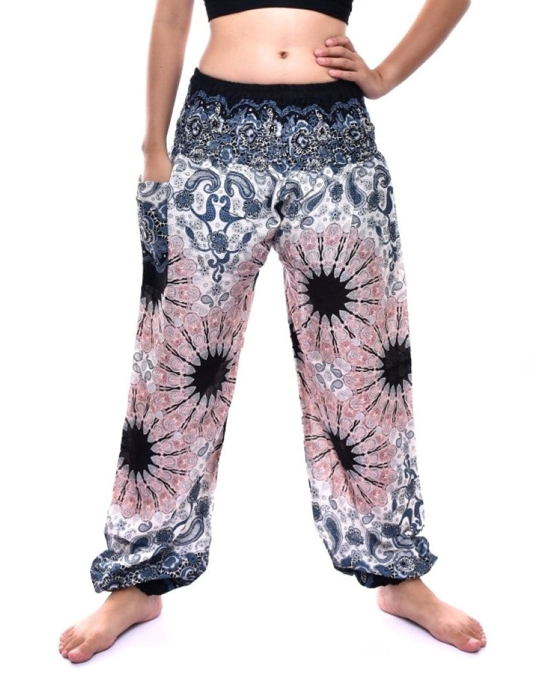 Bohotusk White Ink Splash Print Women's Harem Pants featuring an elasticated smocked waist and lightweight fabric, ideal for casual wear.