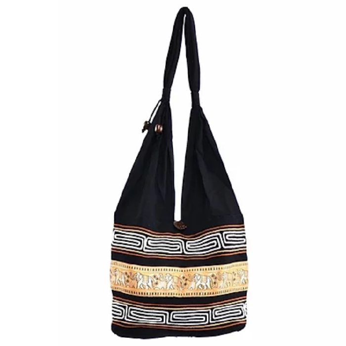 Bohotusk Yellow Gold Cotton Thai Elephant Hobo Shoulder Bag with intricate design and comfortable handle.