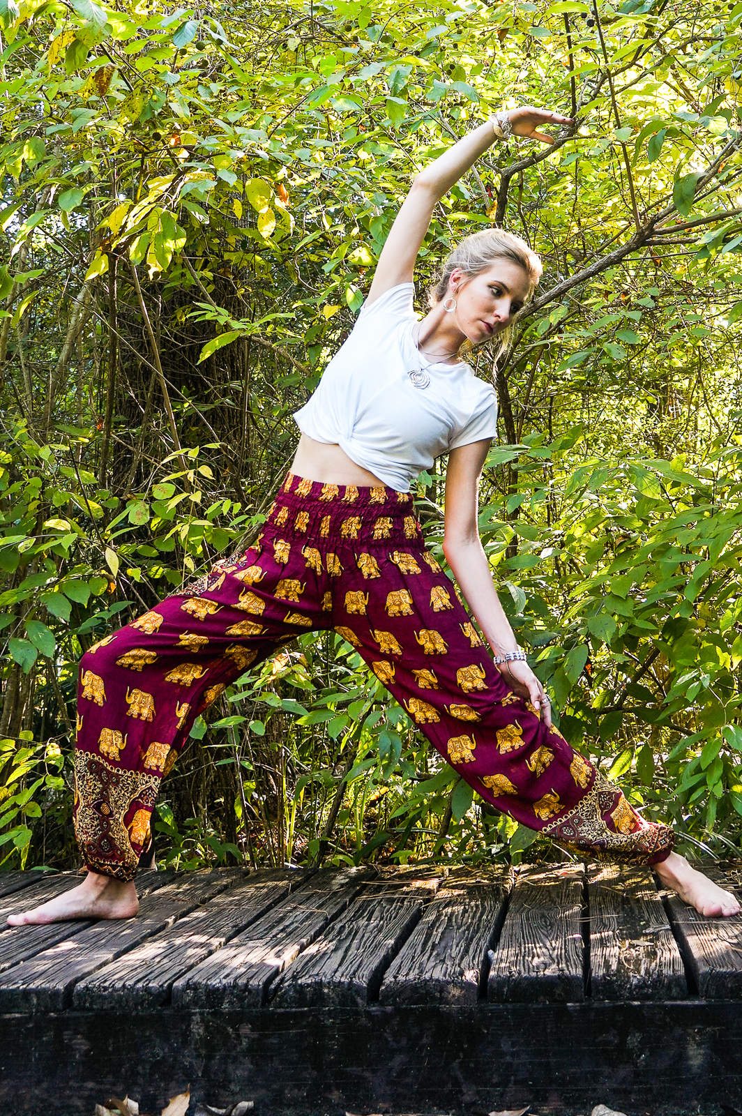 Burgundy ELEPHANT Women Boho Pants featuring vibrant patterns, elastic waist, and ankle design, perfect for yoga and casual wear.