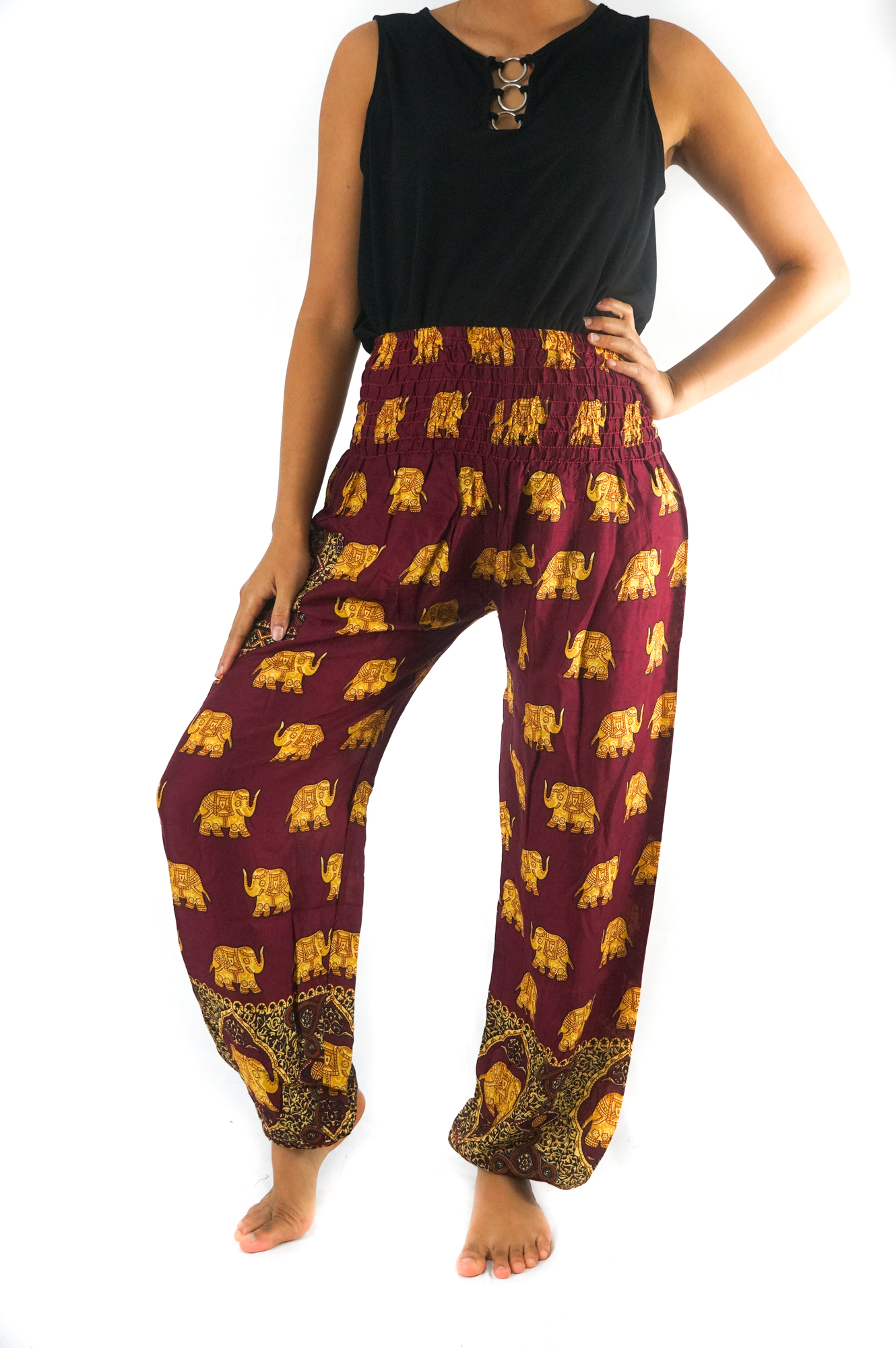 Burgundy ELEPHANT Women Boho Pants featuring vibrant patterns, elastic waist, and ankle design, perfect for yoga and casual wear.