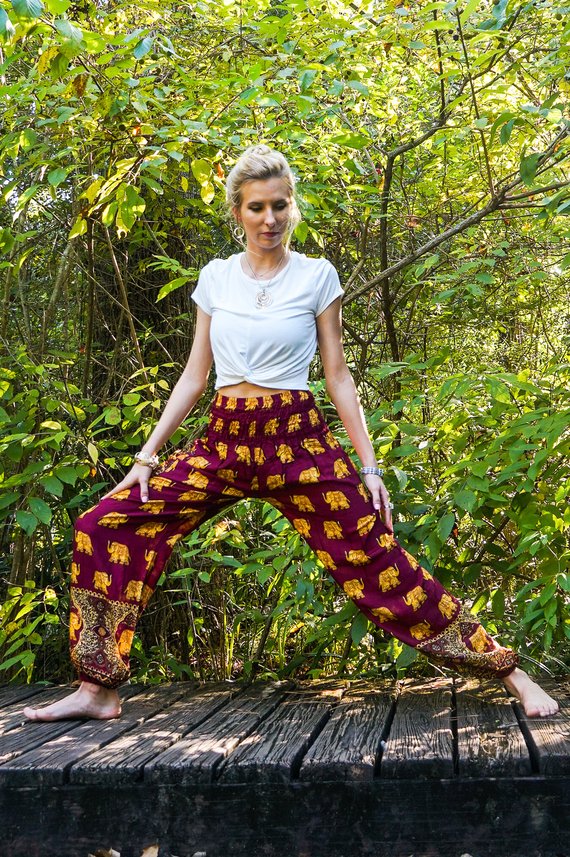 Burgundy ELEPHANT Women Boho Pants featuring vibrant patterns, elastic waist, and ankle design, perfect for yoga and casual wear.