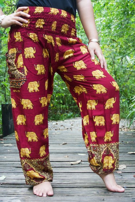 Burgundy ELEPHANT Women Boho Pants featuring vibrant patterns, elastic waist, and ankle design, perfect for yoga and casual wear.
