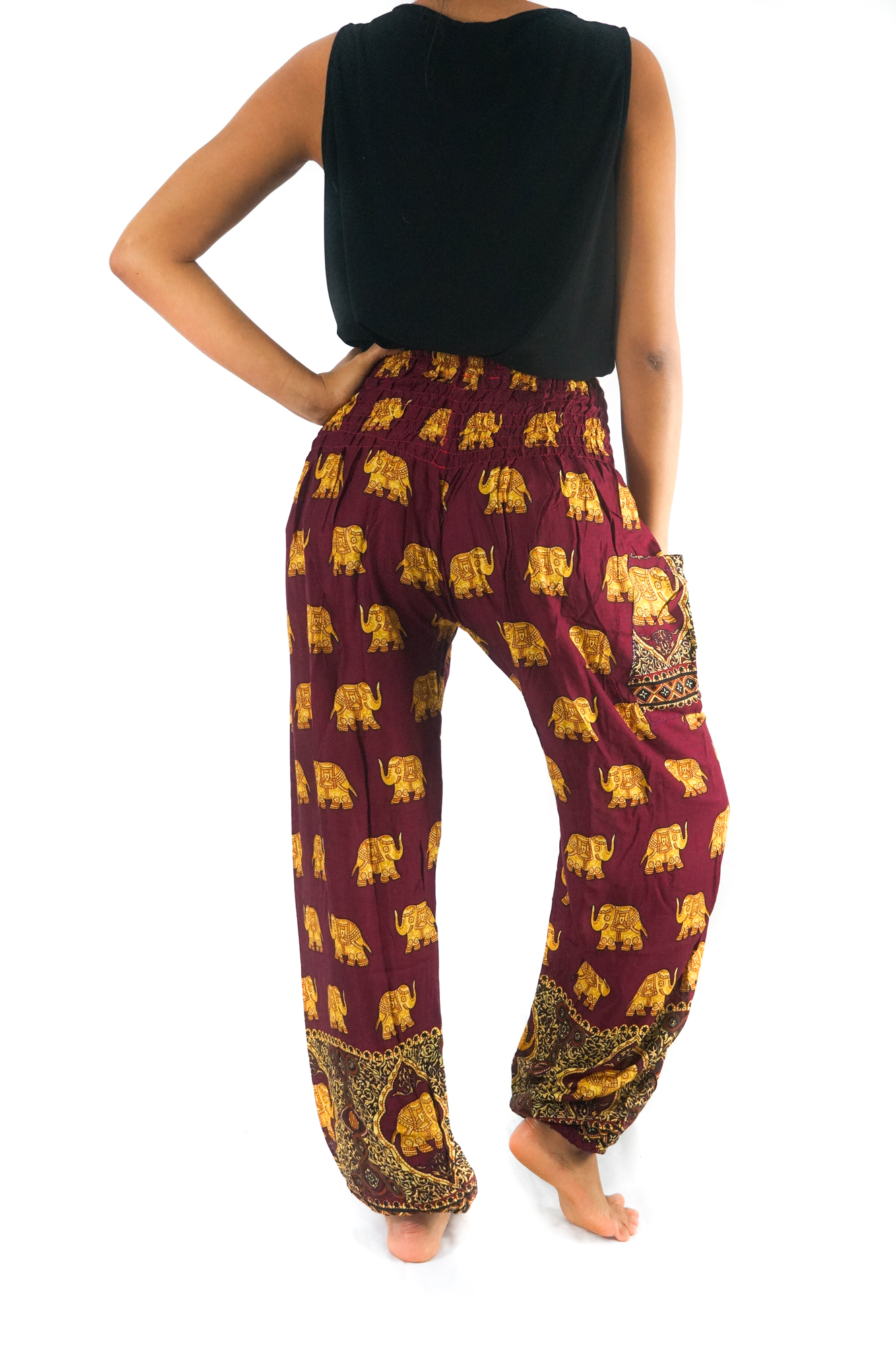 Burgundy ELEPHANT Women Boho Pants featuring vibrant patterns, elastic waist, and ankle design, perfect for yoga and casual wear.