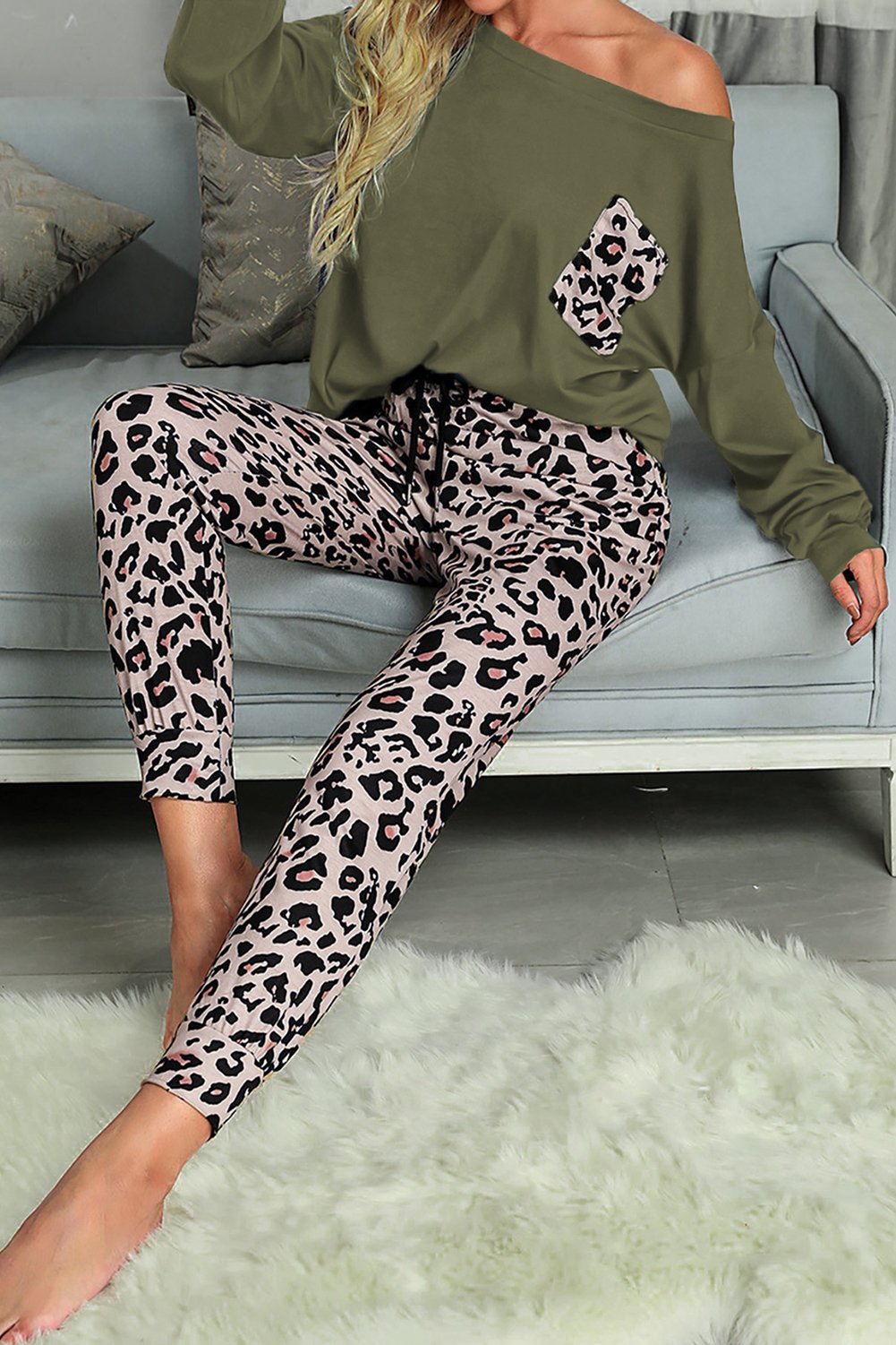 Casual Long Sleeve Leopard Pants Loungewear Set featuring a loose fit top with animal patch pocket and comfy leopard print pants with elastic waist.