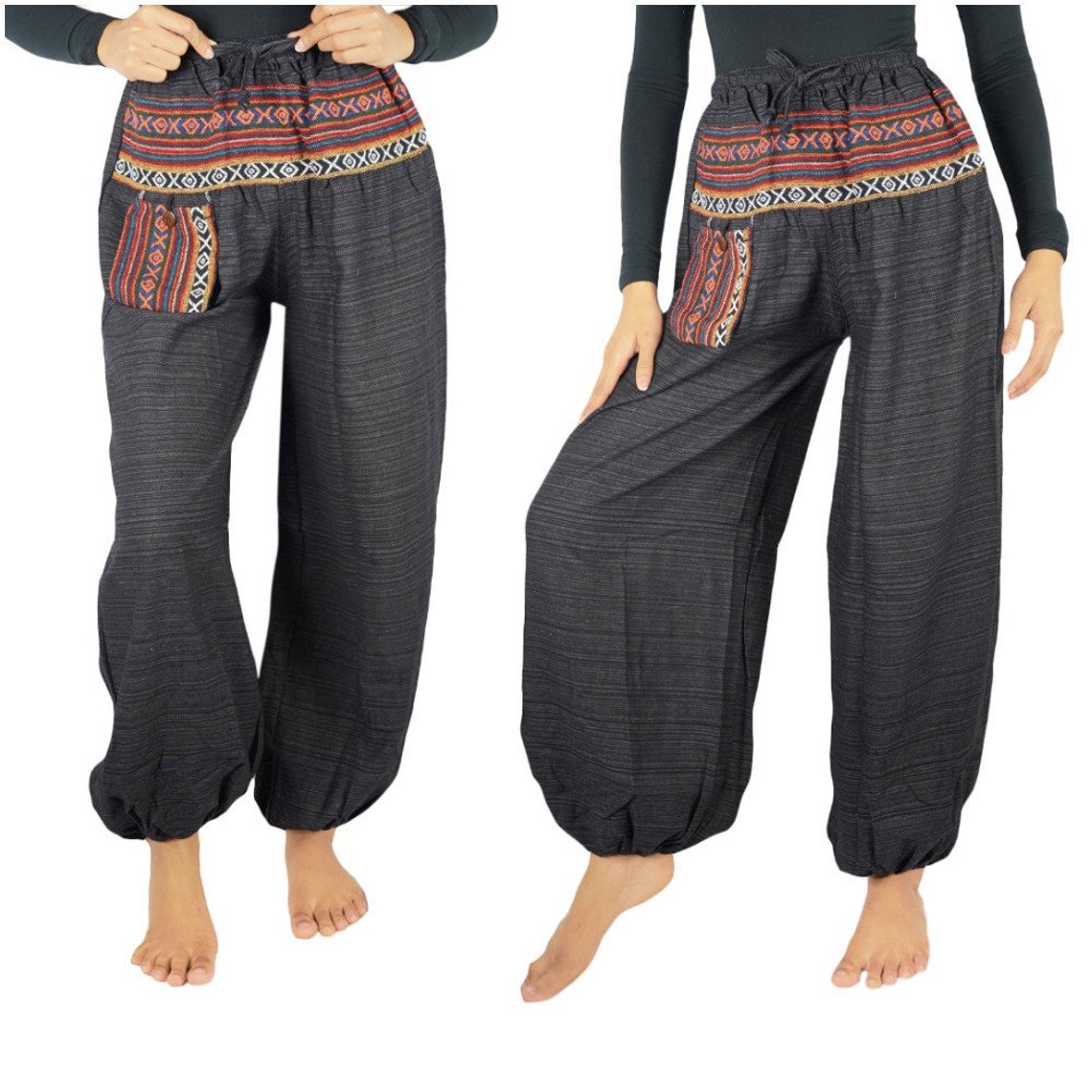 Cotton Women Tribal Boho Pants featuring elastic drawstring waist and tribal rims, perfect for a bohemian style.
